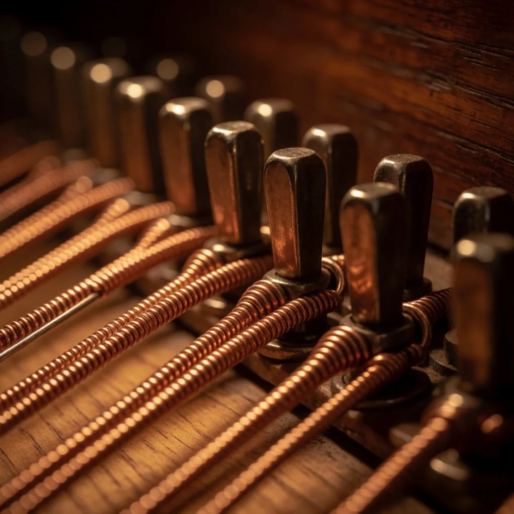 Tuning pin'lere dolanmış bakır piyano tellerinin makro çekimi