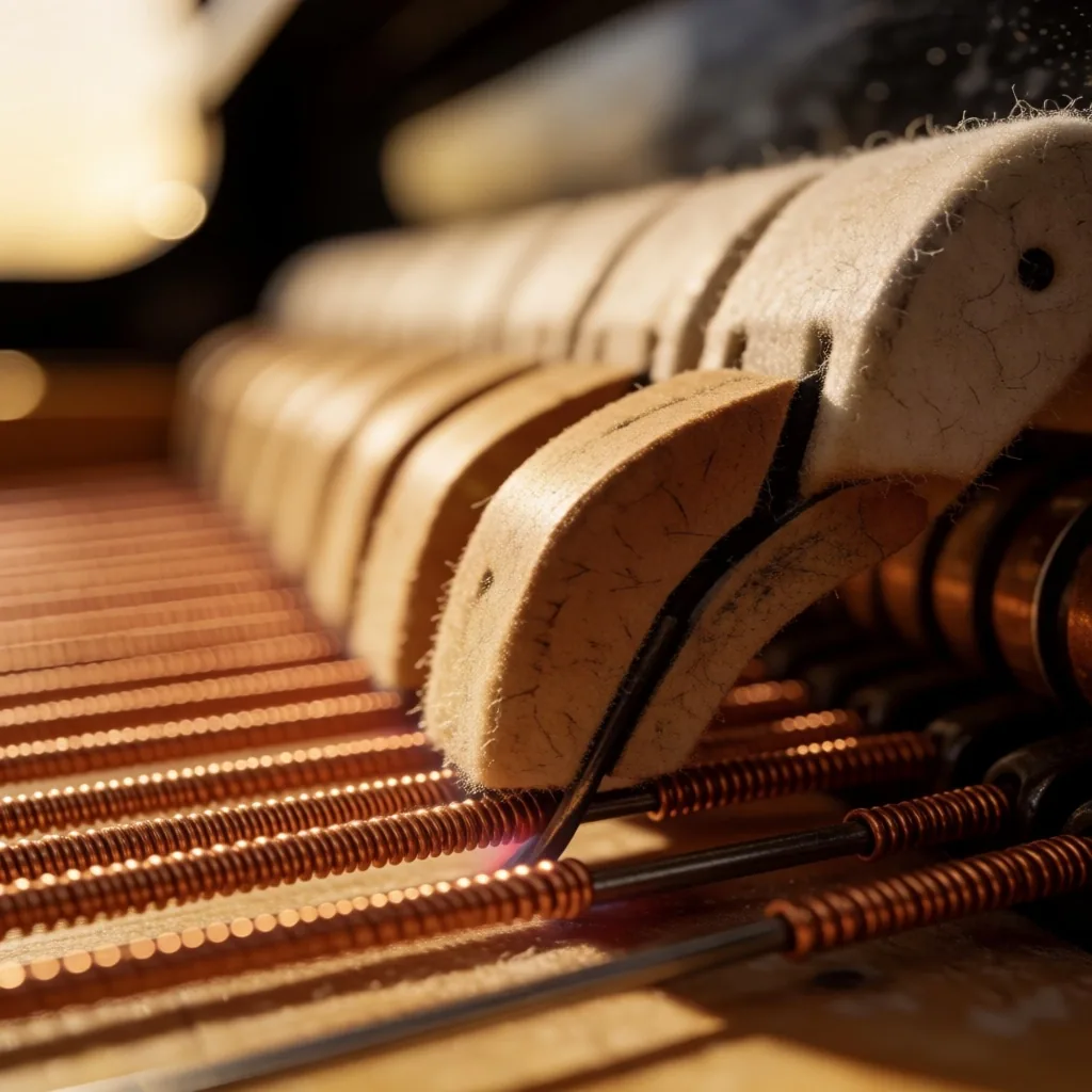 Piano tuşları ve telleri makro fotoğrafı