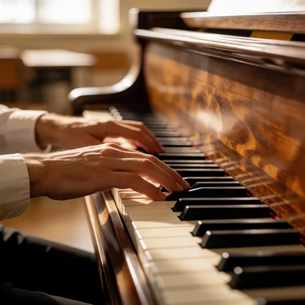 Piyano tuşlarında müzik eğitmeni elleri